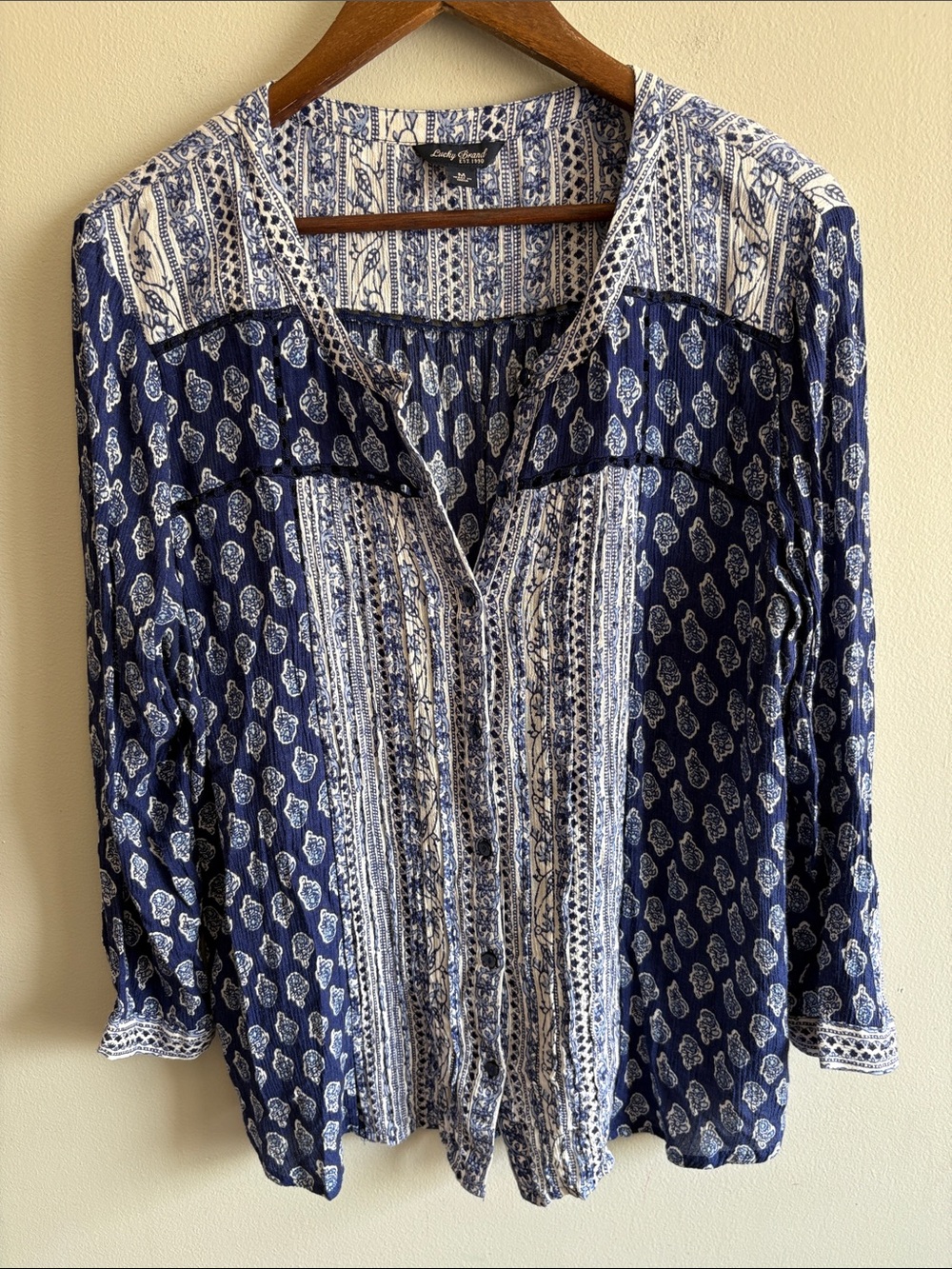 Lucky Brand Navy & White Printed Button-Front Blouse